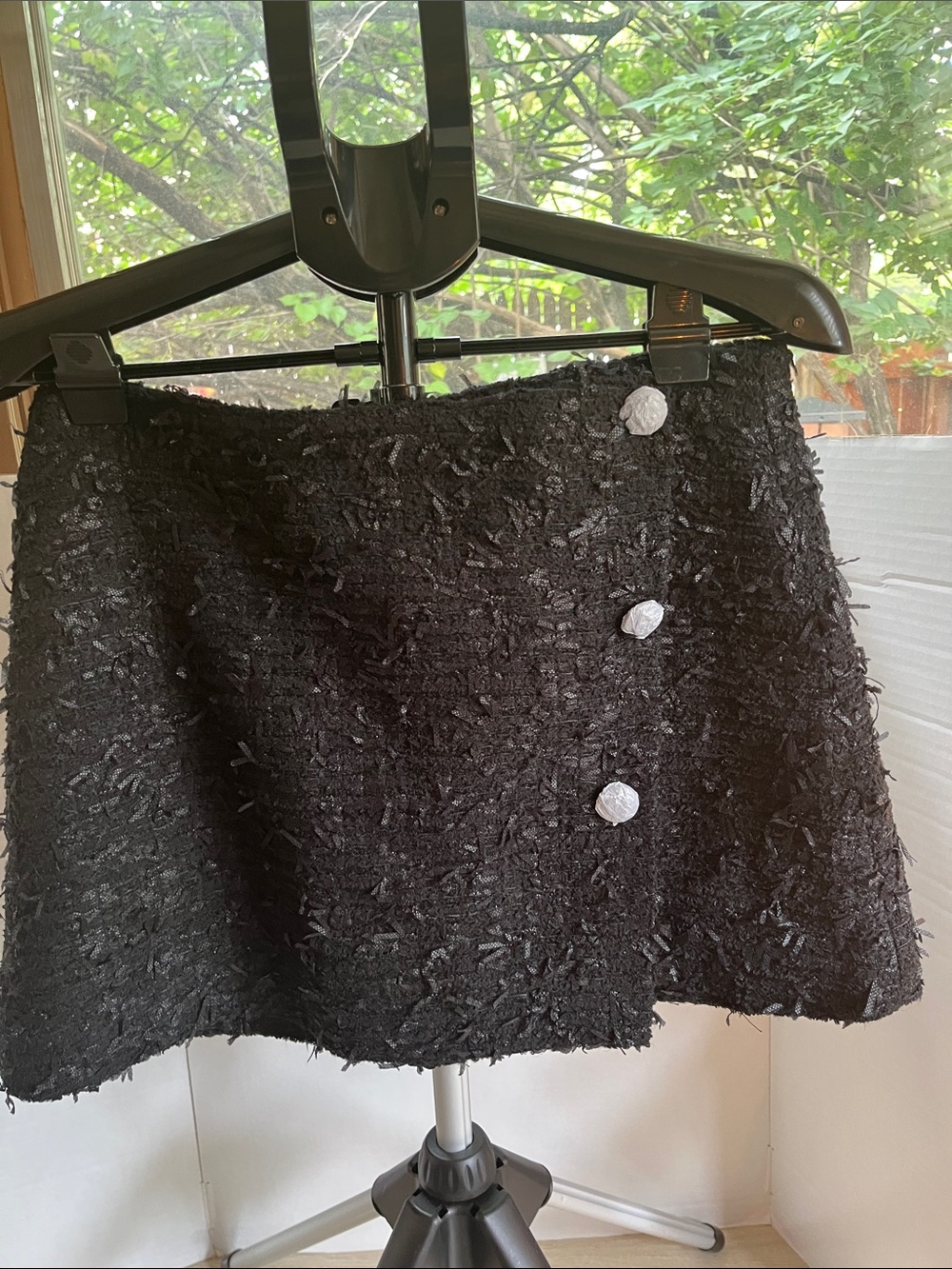 Astr Black Textured Mini Skirt with White Button Detail